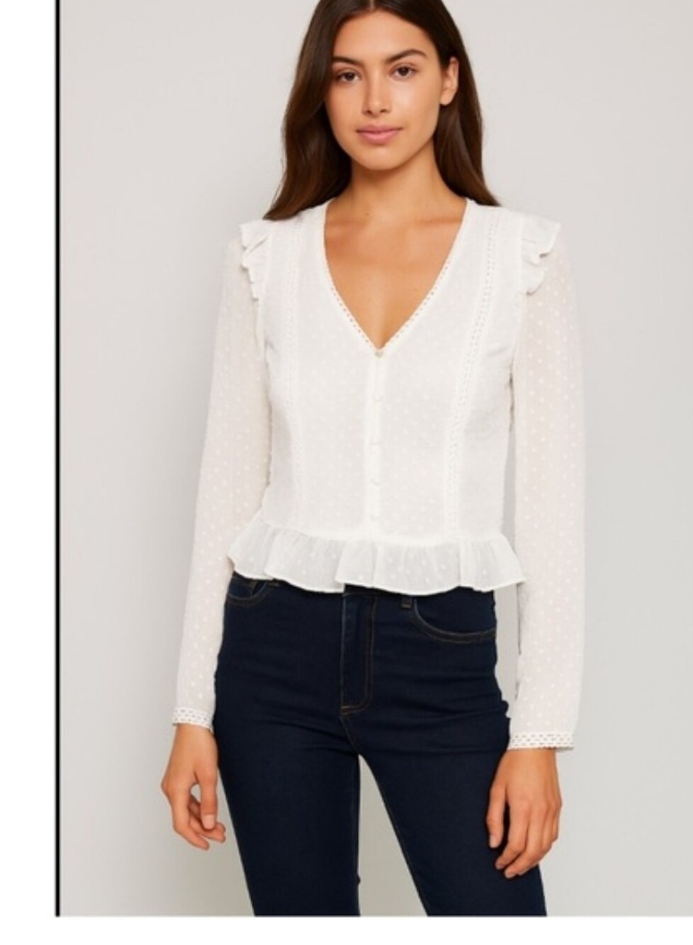 H&M White Women's Eyelet Semi Sheer Flutter Sleeve Button Blouse Size 2